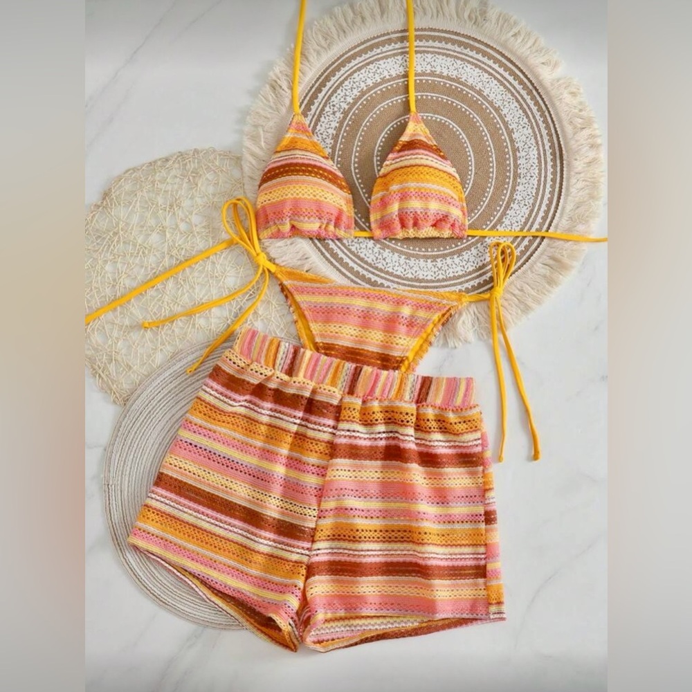 Woman’s 3-piece Bikini & Coverup Set Crocheted Yellow Striped Look Bikini Set M
